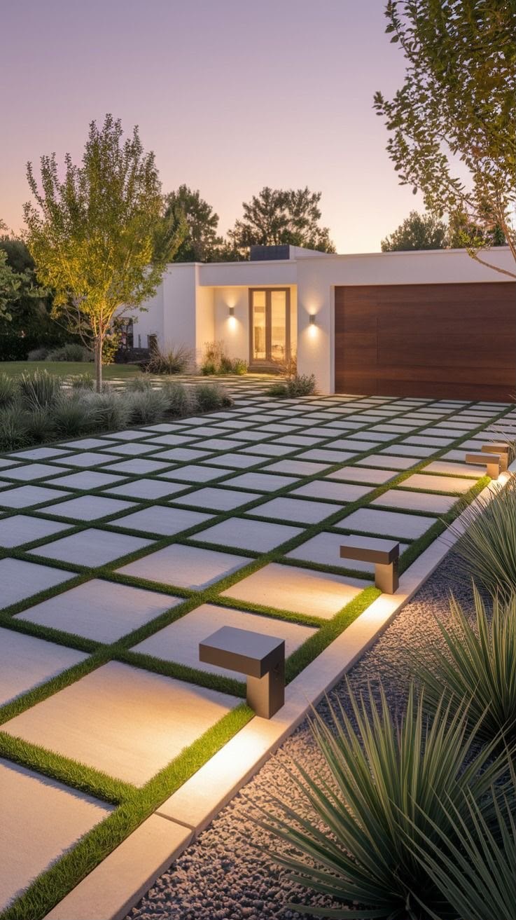 Illuminated paver drive at dusk